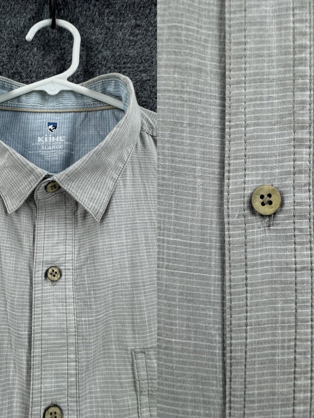 Kuhl Short Sleeve Striped Mens Gray White XL Button Up Shirt Pocket Hiking Woven